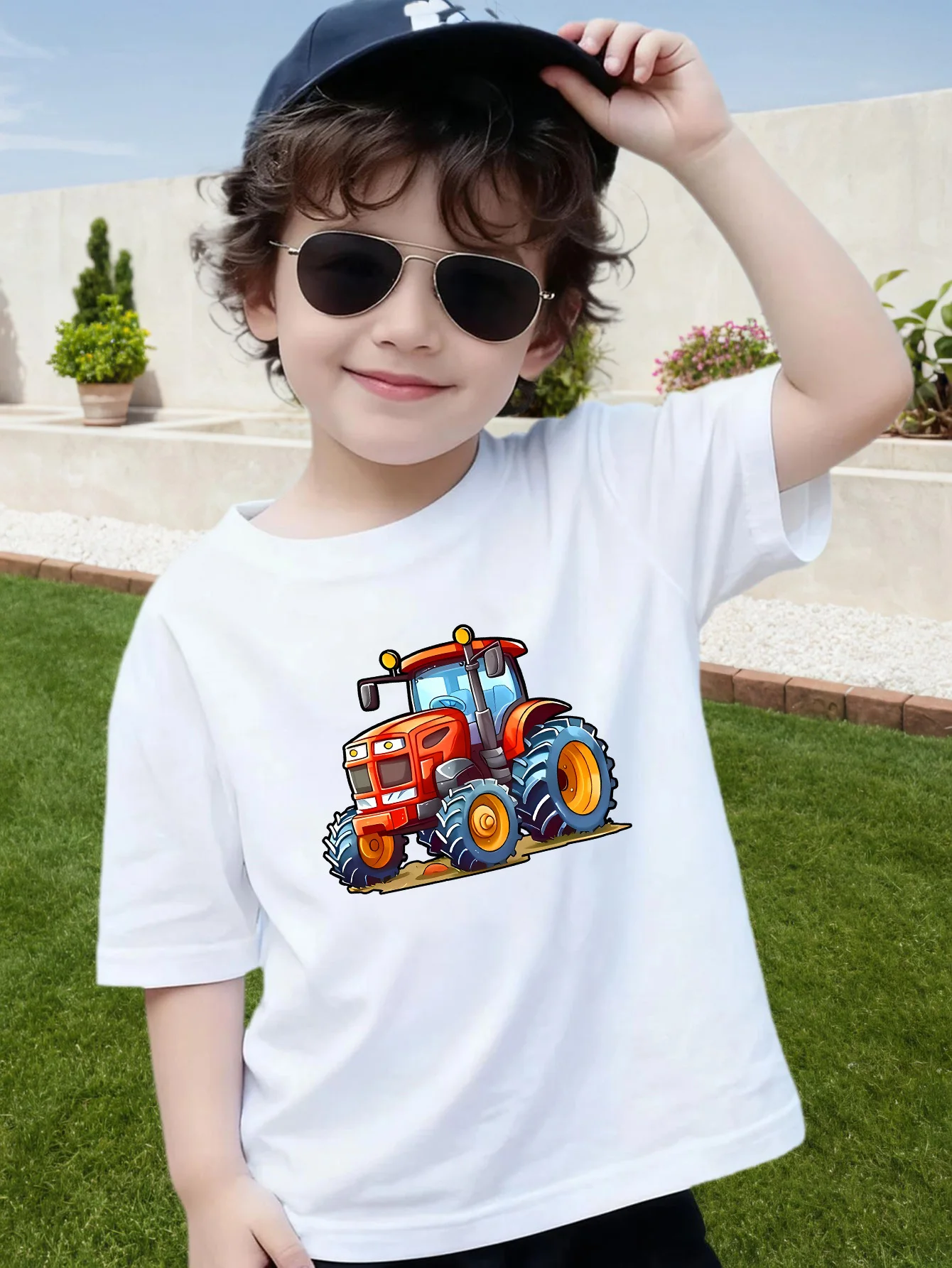 Cute Cartoon Red Tractor Print Kids T Shirt Boys Girls Parent Child Matching Casual Soft Cotton Short Sleeve Daily Basic Tops