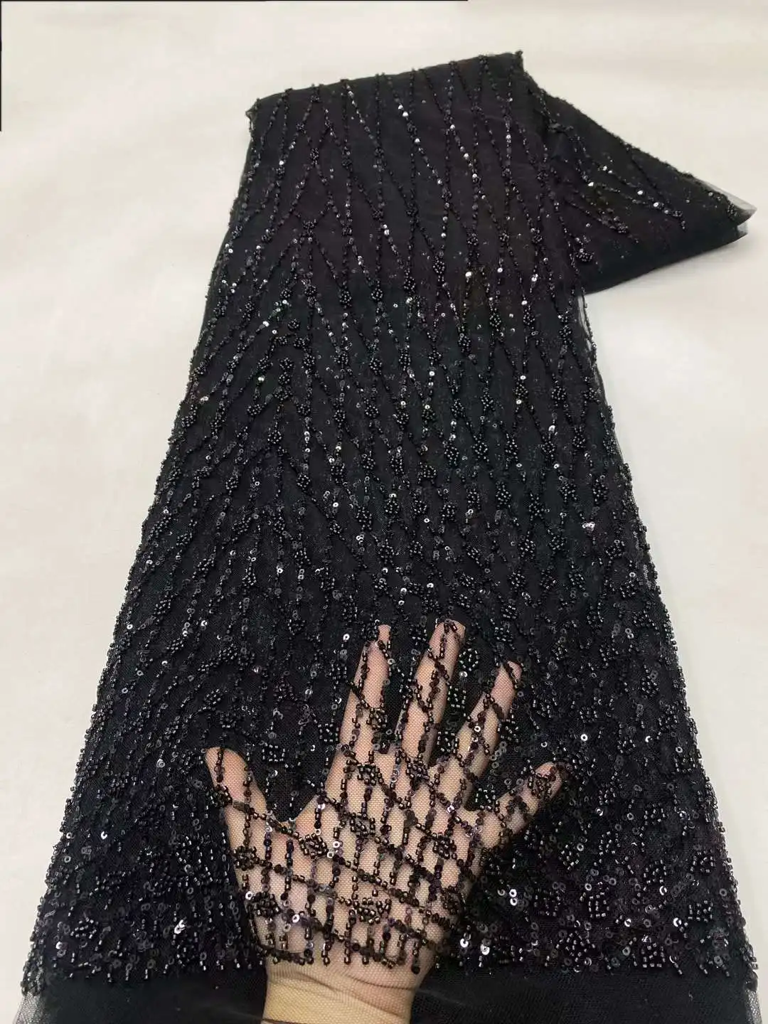 

Black African Beaded Lace Net Fabric 5 Yards 2024 High Quality Nigerian Wedding Material Luxury Sequin Beads Fabric for Sewing