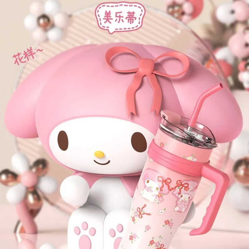 

1200 мл термос Sanrio, бутылка холодного льда, милый Hello Kitty Kuromi Cinnamoroll, индивидуальный стакан для воды из нержавеющей стали, соломенный подарок