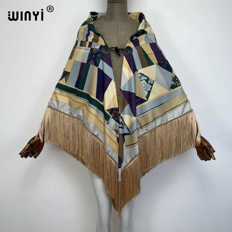 

Europe 2021 WINYI new tassels fabric printed T-stage cardigan loose bat sleeve color matching Bohemian summer beach women's jack