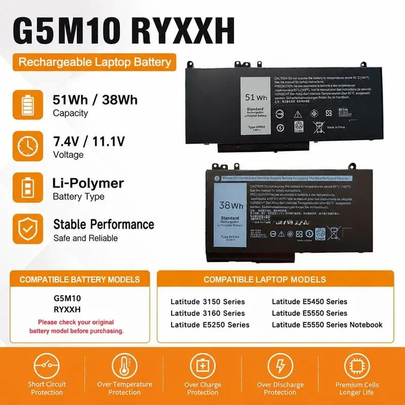For Dell Latitude 3160 E5450 E5550 E5250 G5M10 RYXXH computer battery