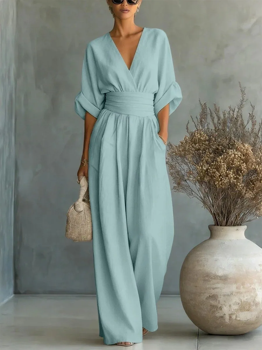 Dames jumpsuit mode hoge taille V-hals casual jumpsuits sexy effen kleur kantoor wijde pijpen broek overall vakantie outfit