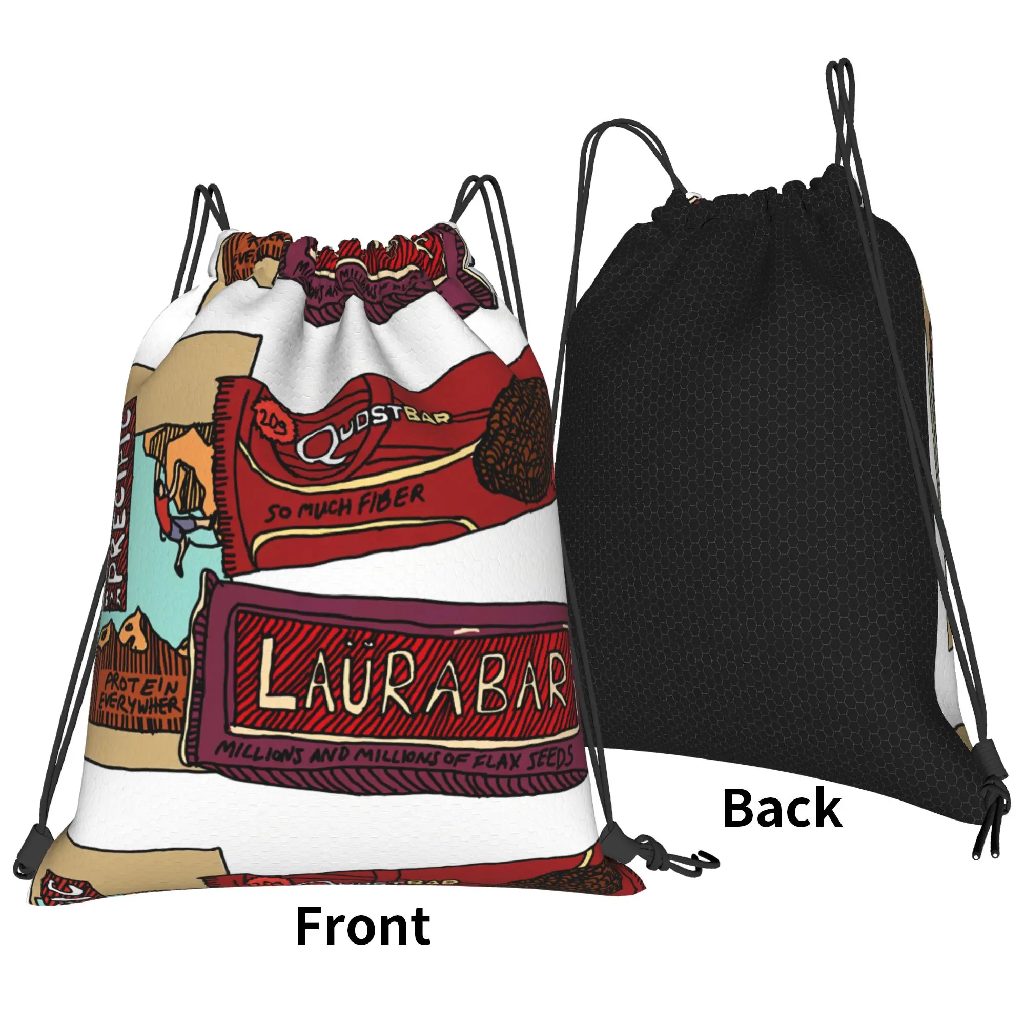 LÄRABARR Hand Drawn Doodle Style Protein Bar  Portable Sports Riding Gym Drawstring Storage Sporty Backpacks