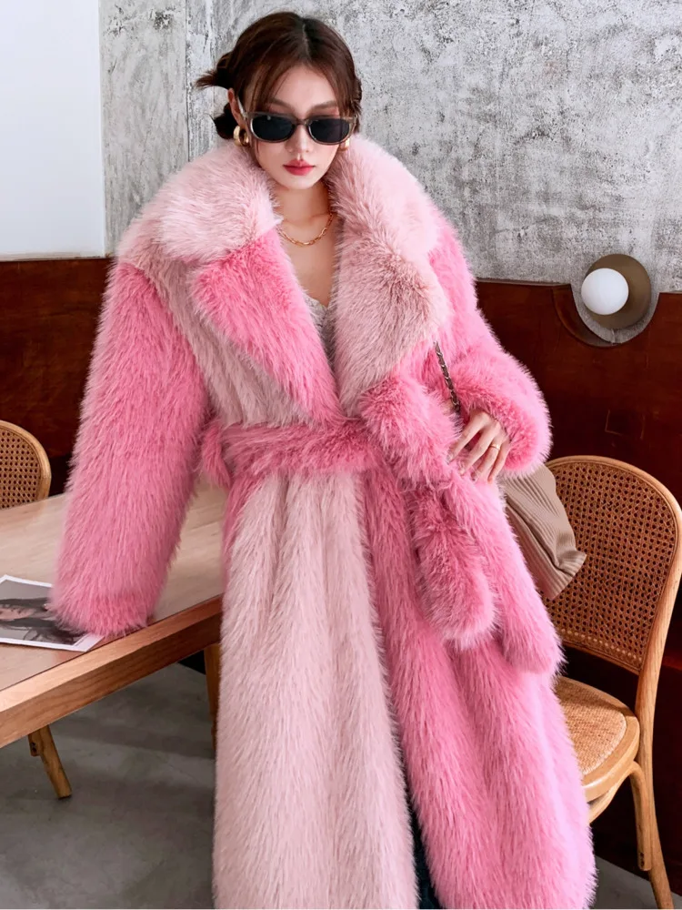 DEAT Fashion Women\'s Faux Fur Coat Lapel Loose Contrast Color Sashes Long Sleeve Thick Warm Jackets Winter 2024 New 7AB4940