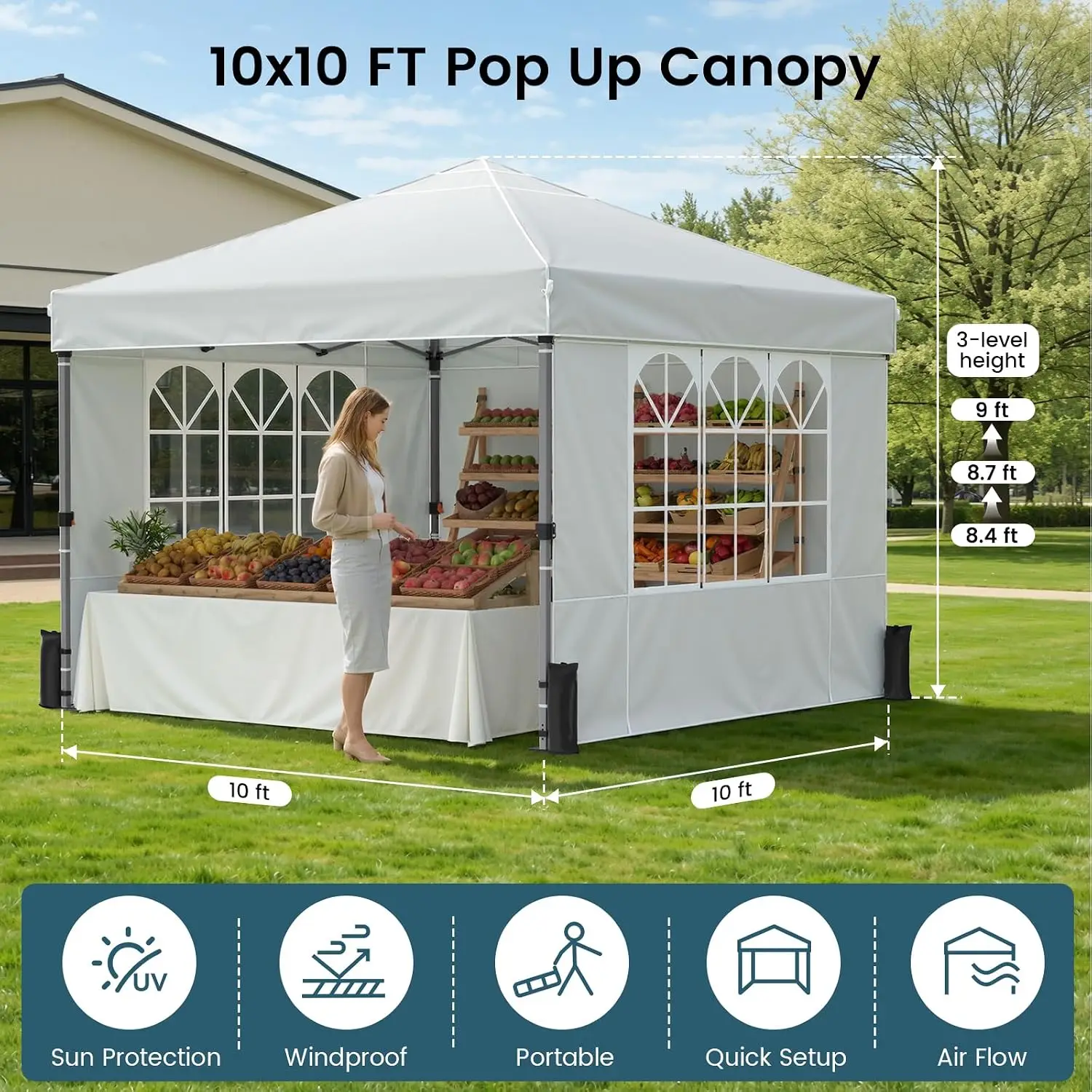 10x10 Pop Up Canopy Tent With Sidewalls One Push Setup Portable Outdoor Sun Shade Gazebo Instant Shelter UV Protection Canopy With Wheeled Bag Sandbags For Parties Backyard Beach White