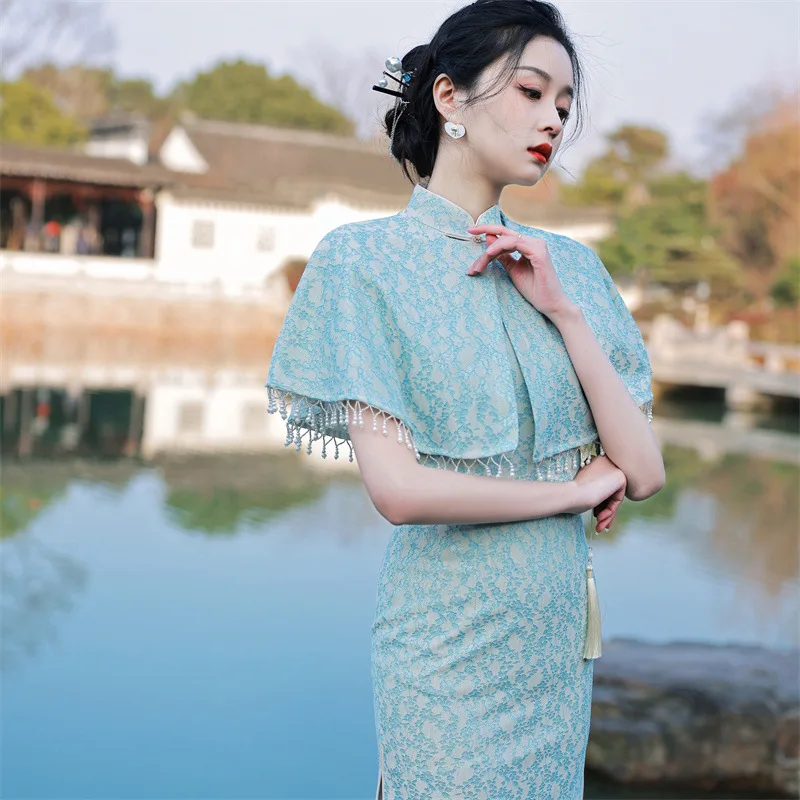 

2022 Summer Autumn New Style Shawl Cloak Two-piece Set Mid-length Party Cheongsam Skirt Retro Improved Qipao Dress For Women