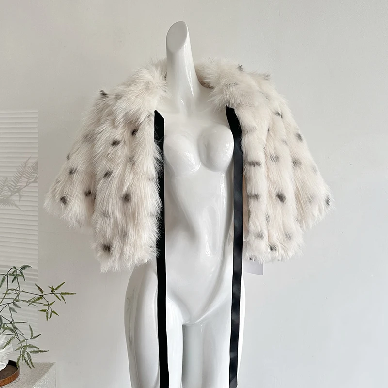 Polka Dot Faux Fur Overcoat Fashion Winter Warm Short Jacket Coat Lace-up Coat Luxury Vintage Women Outfits Female Outwear