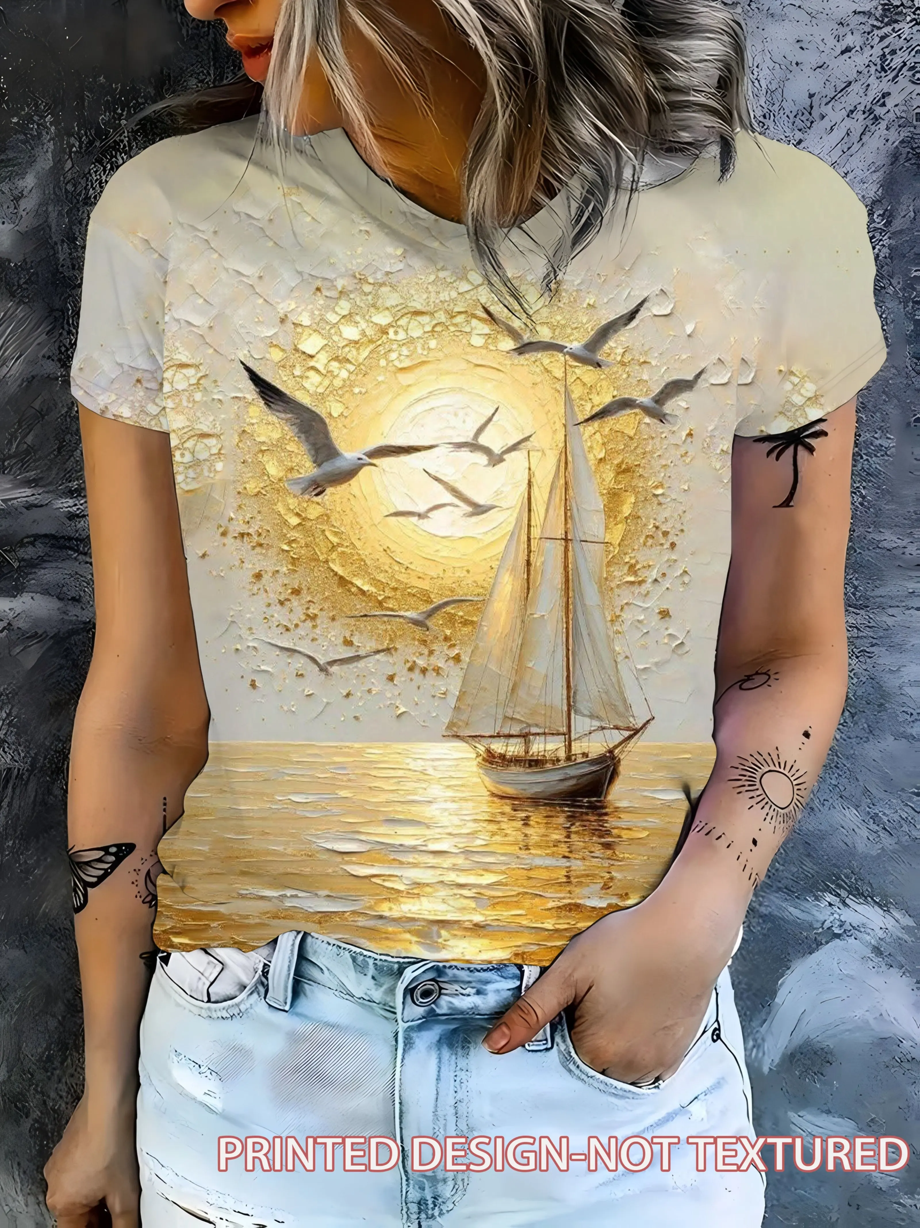 Women T‑Shirt Golden Ocean Sailboat Seagull Seascape Oil Painting Art Print Short Sleeve Crew Neck Casual Tops