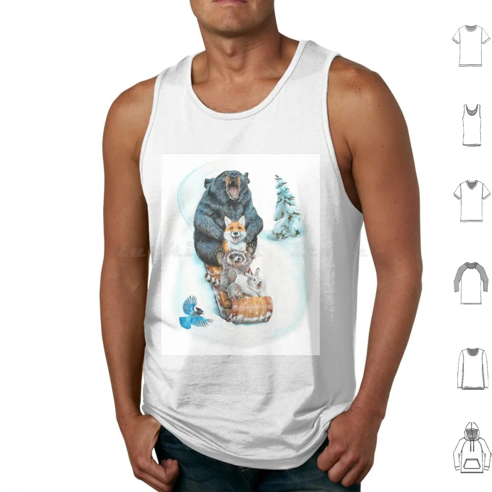 The Big Hill By Holly Simental camisetas sin mangas chaleco sin mangas animales invierno Navidad trineo trineo oso negro oso zorro rojo