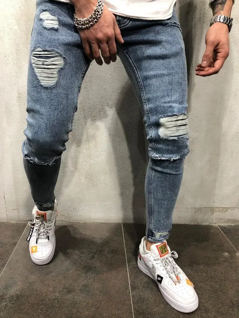 

Men's Wear Jean Pants Hole Frayed Y2k Hip Hop Style Pants Elastic Jeans Dean Small Feet Slim Rip Tight Jeans Men Streetwear Jean