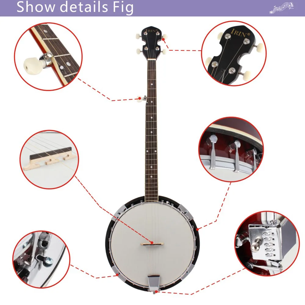 IRIN 5 String Banjo 22 Frets Playing Ethnic Style Bluegrass Plucked Stringed Instrument Banjo with Package Accessories