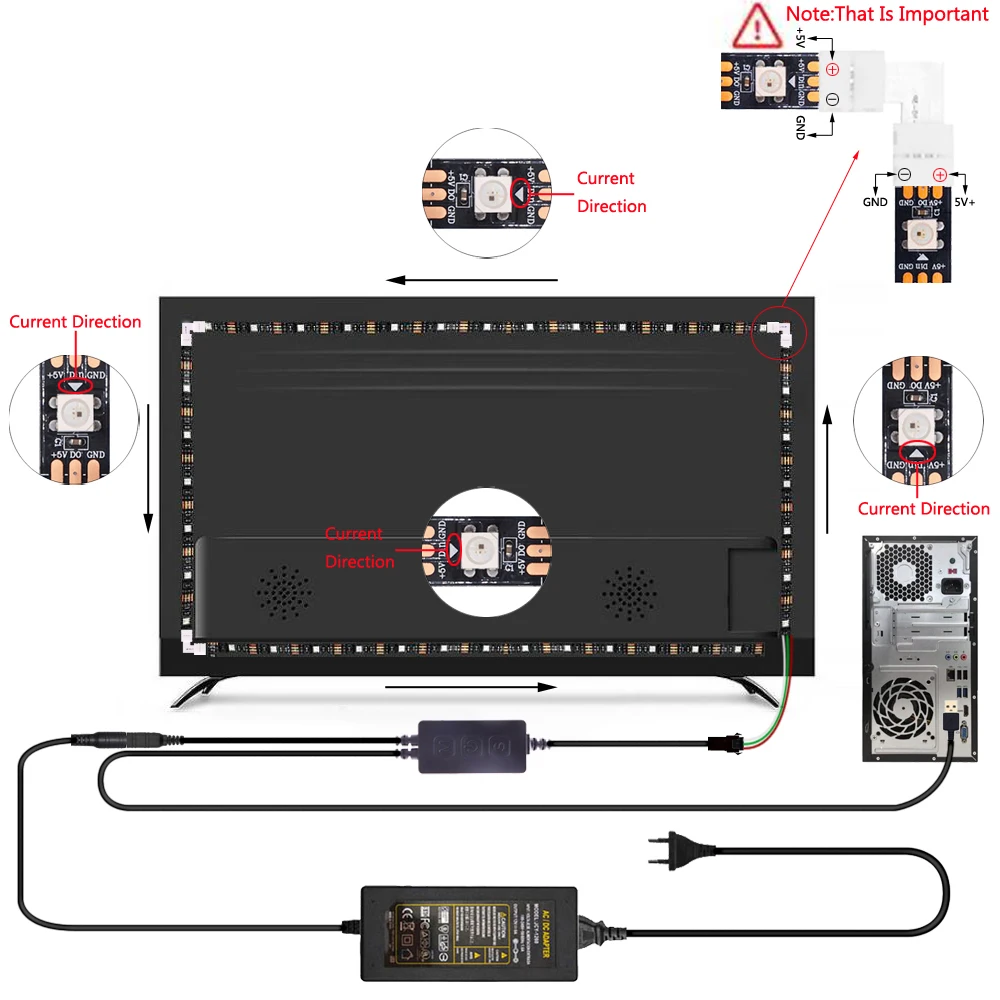 WS2812B DIY Ambient PC Dream Screen Addressable LED Strip Computer Monitor Backlight  SP616E USB Bluetooth&Music Controller kit