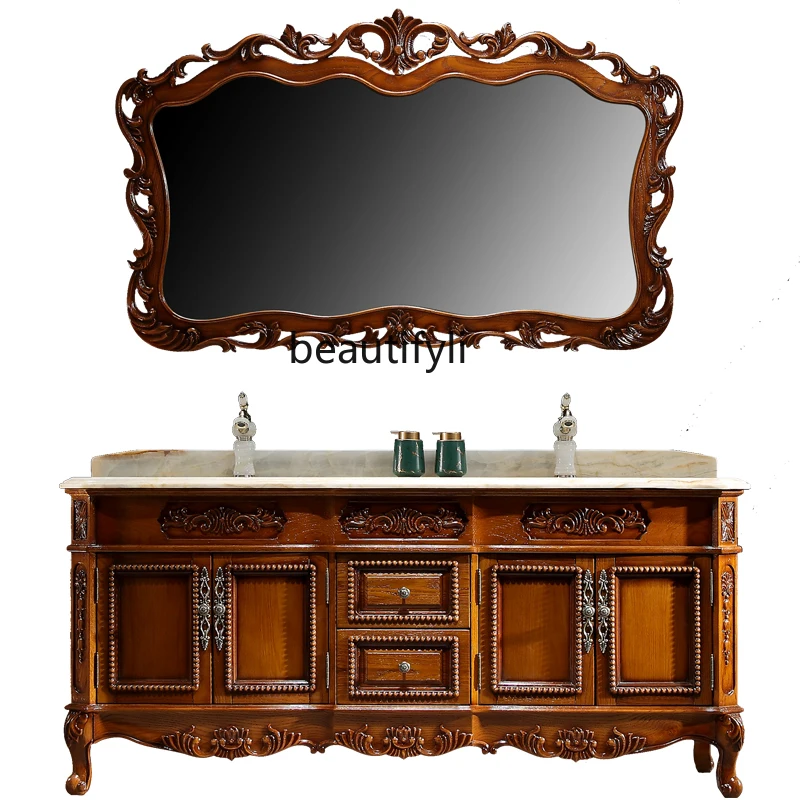 

Double Basin North American Red Oak European Bathroom Cabinet High-End Natural Jade Countertop Washbasin Cabinet Combination