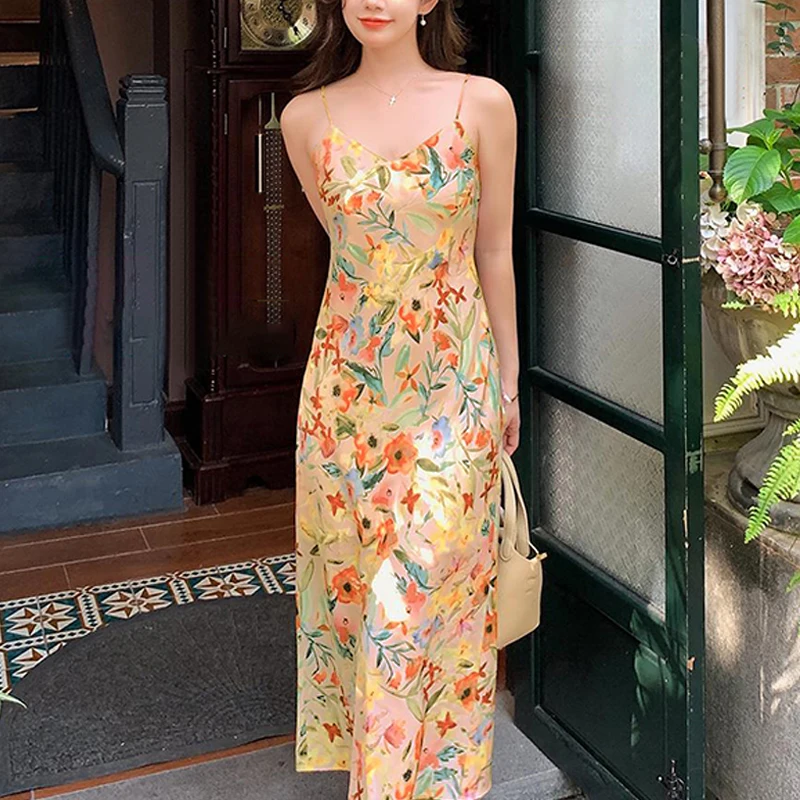 Summer Dress Women Sling Vintage Floral Printed Elegant Sexy Holiday Sundress