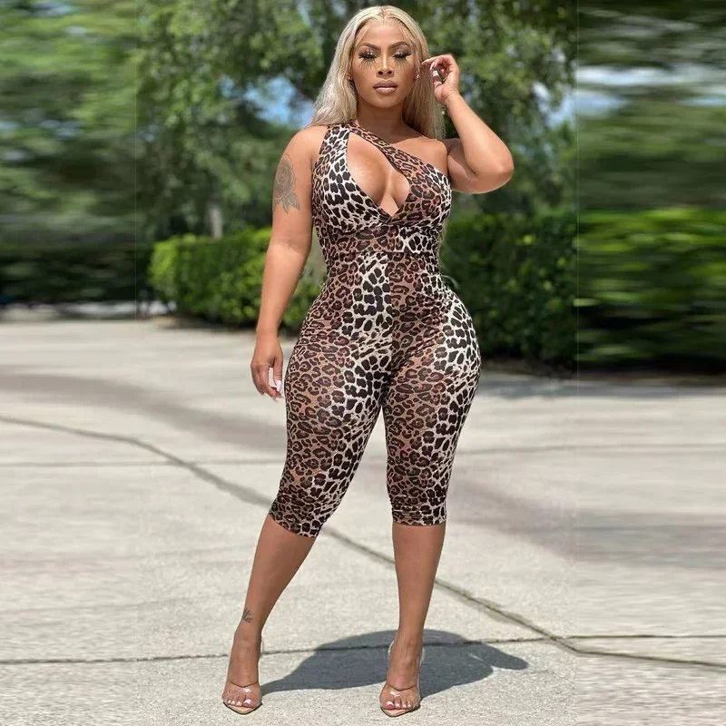 

GUWU Cut Out One Shoulder Bodycon Sleeveless Women Jumpsuit Leopard Print Sexy Hollow Out Party Romper One Piece Overalls