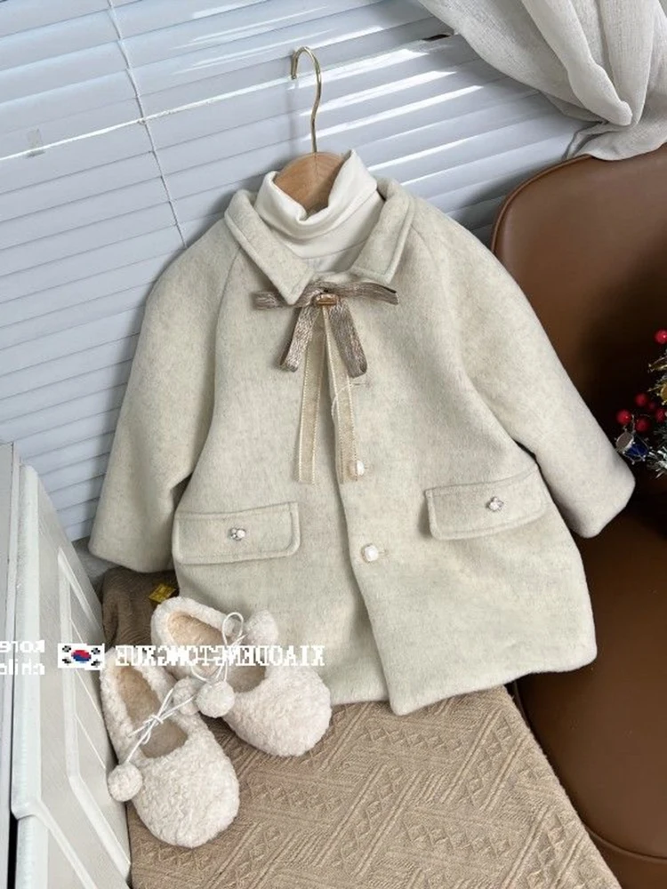여아 모직 원단 외투, 겨울 활 매듭 두꺼운 코트, 아기 패션 싱글 로우 버클 오픈 스티치