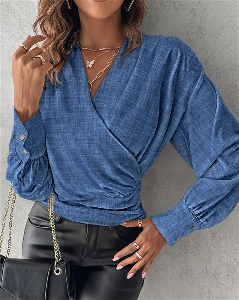 Women Elegant Solid Chiffon Blouse Spring Summer Casual Long Sleeve V Neck Loose Shirt Office Lady Tunics Oversized Tops 2023