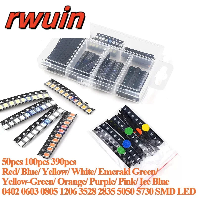 50pcs-390pcs SMD LED 0402 0603 0805 1206 3528 2835 5050 5730 Diode Red Blue Yellow White Green Orange Purple Pink