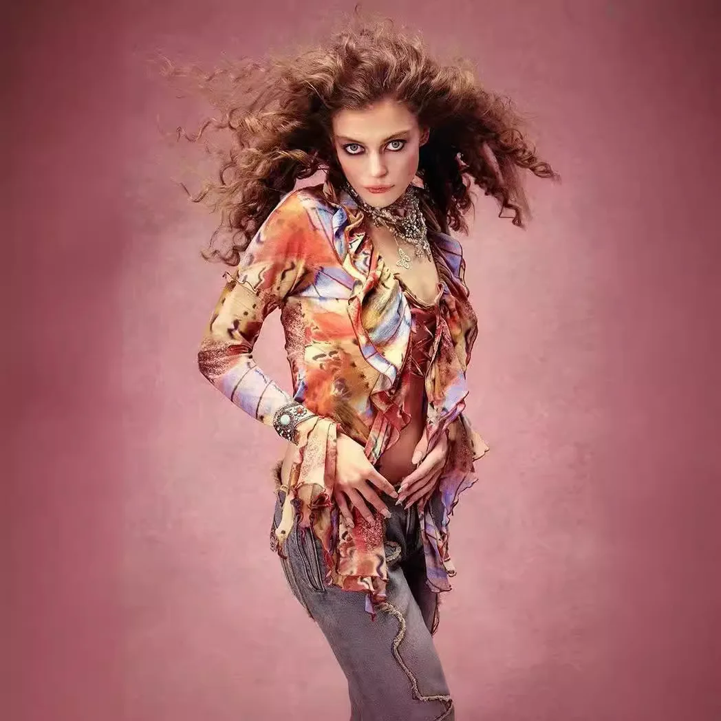 Jadeed London estampado Floral Me Long Sve irt mujer Vintage ahueca hacia fuera chica Sexy anudado Irregular encaje hasta Top