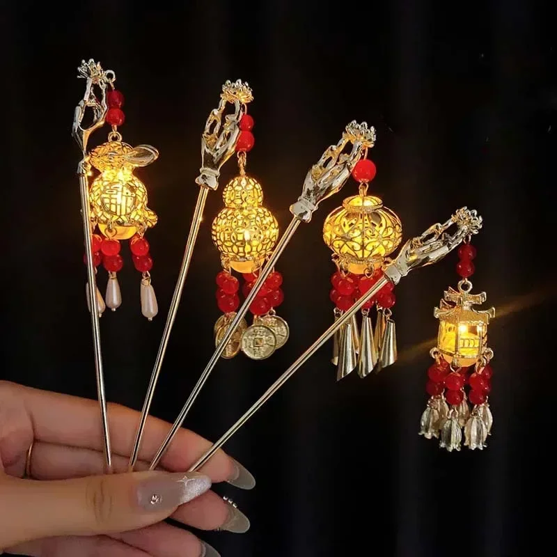 Chinese Style Luminous lantern Hair Sticks for Women Kids Retro Metal Lotus Flower Tassel Hair Pin Clips Hair Accessories