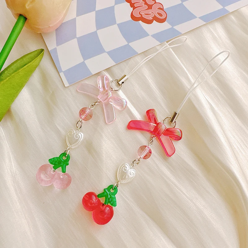 Cherry Tomato Pendant Keyring Sweet Keychain Backpack Decoration Bowknot Keyholder Phone Chain Jewelry Ornament Accessories