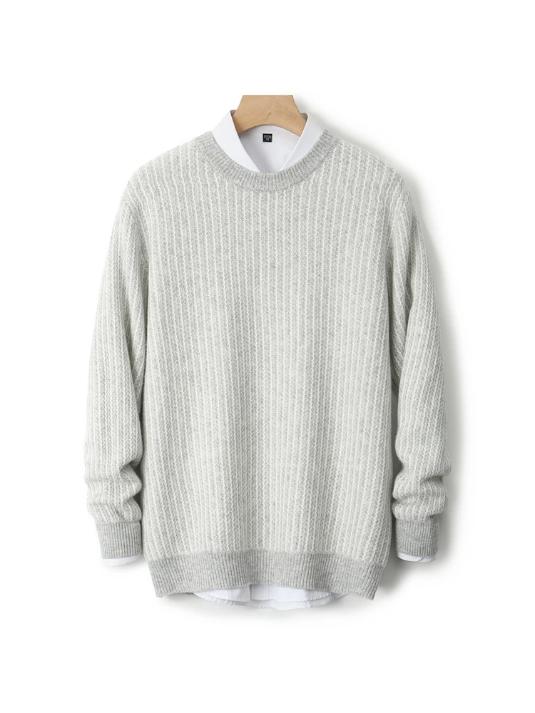 100% suéter de lã merino para homens, gola redonda, pulôver grosso, caxemira, jacquard macio, mangas compridas, cor sólida, tendência, roupas quentes