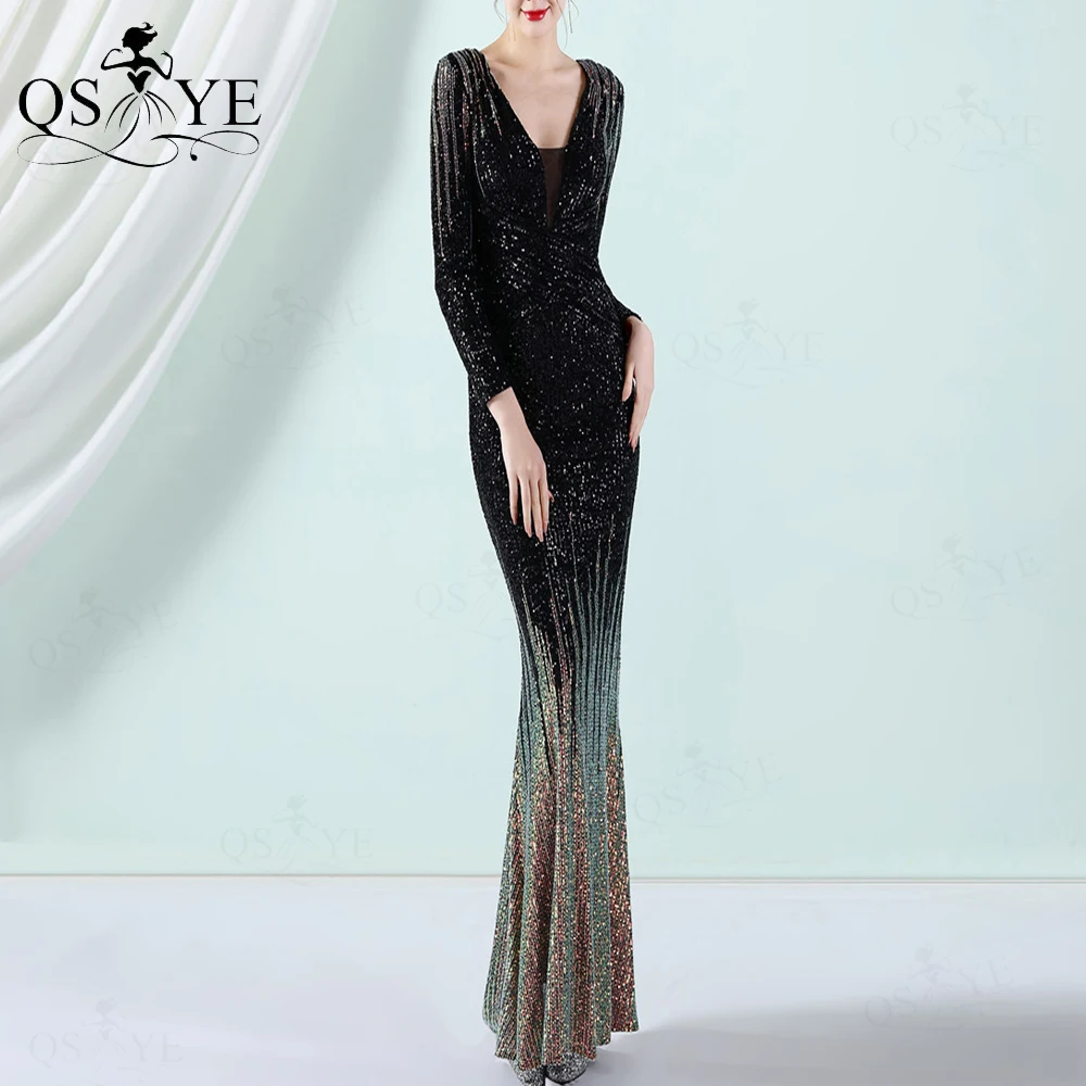 

Long Sleeves Black Sequin Evening Dress Crisscross V neck Mermaid Prom Gown Ruched Fitted Party Dress Fading Sequin Formal Gown