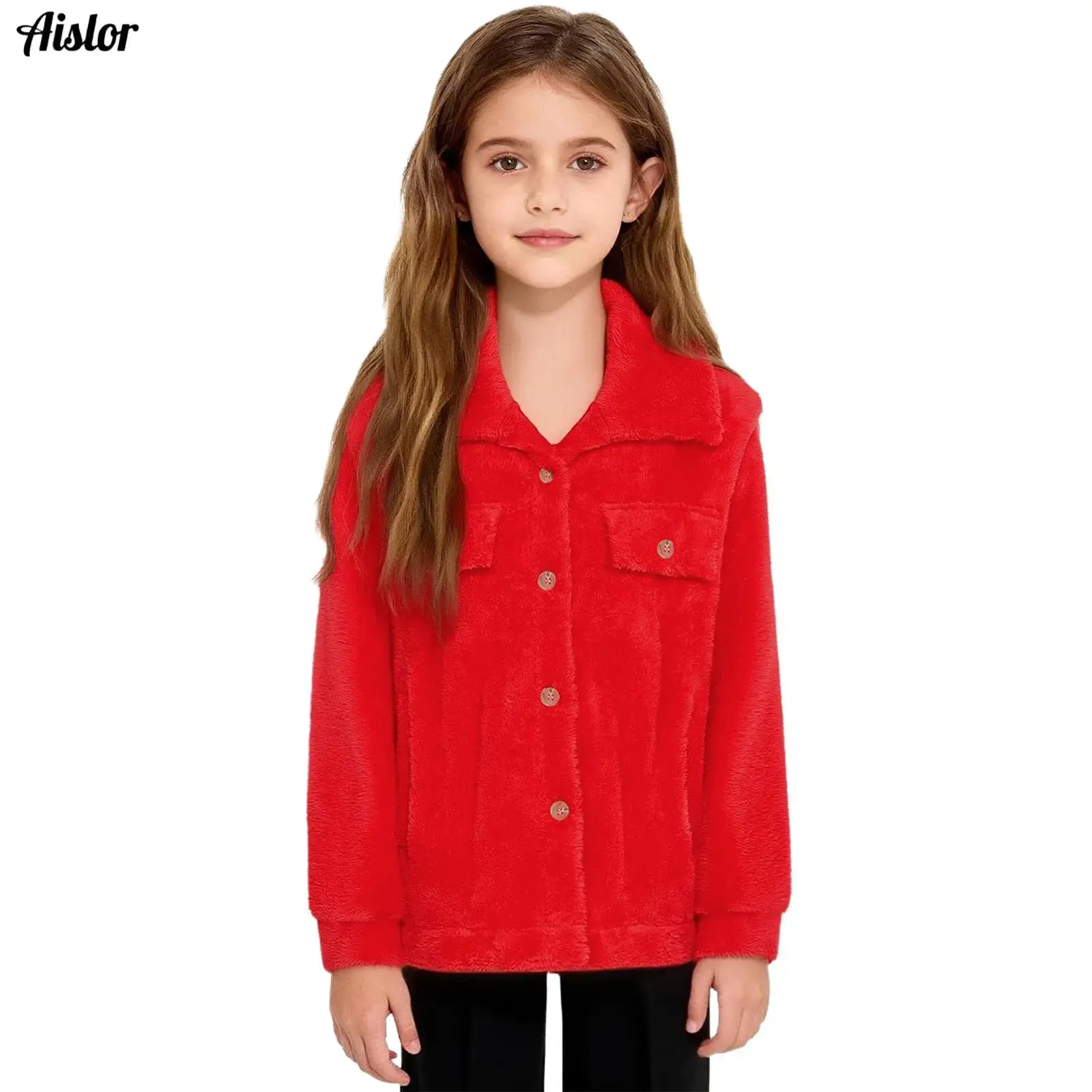 

Kids Girls Warm Flannel Jacket Outerwear Autumn Winter Turn-Down Collar Long Sleeve Buttons Coat with Pockets Casual Clothing