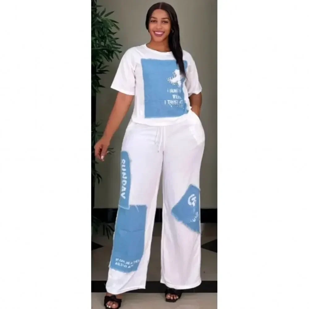 

Женский комплект из 2 предметов Dashiki, африканская одежда, модный джинсовый топ с короткими рукавами и брюки, костюм, одинаковые комплекты для вечеринок, лето-осень 2025