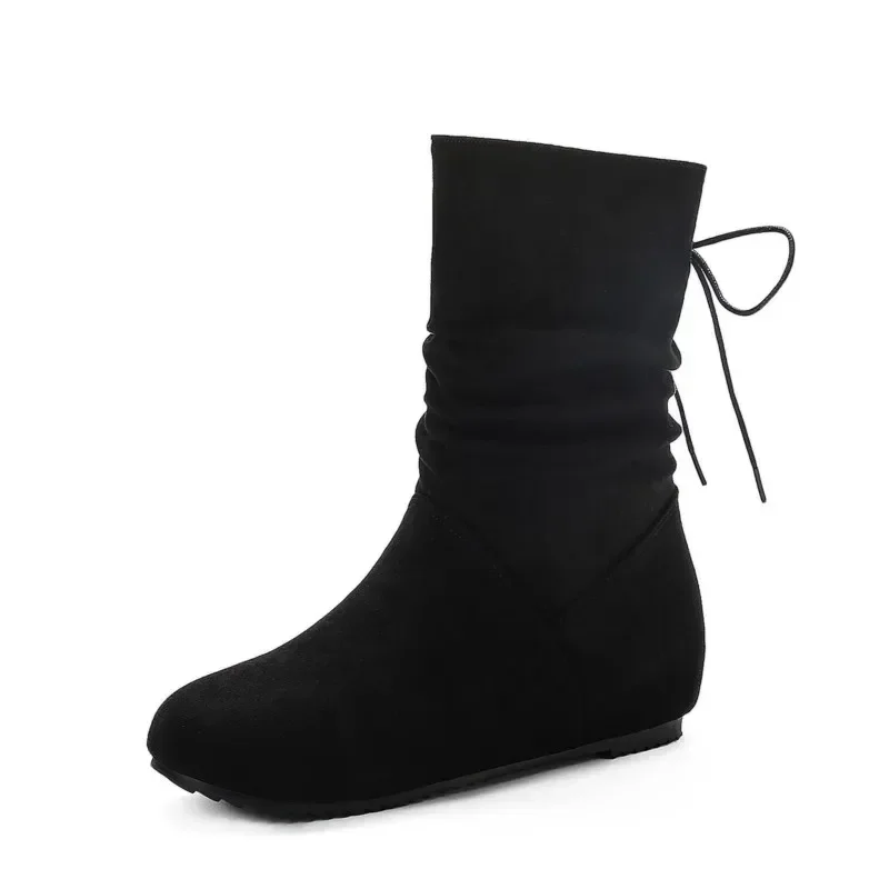 Botas de dedo do pé redondas casuais femininas, botas versáteis com cordões, botas curtas, fundo plano, monocromáticas, venda quente, nova moda, 2024