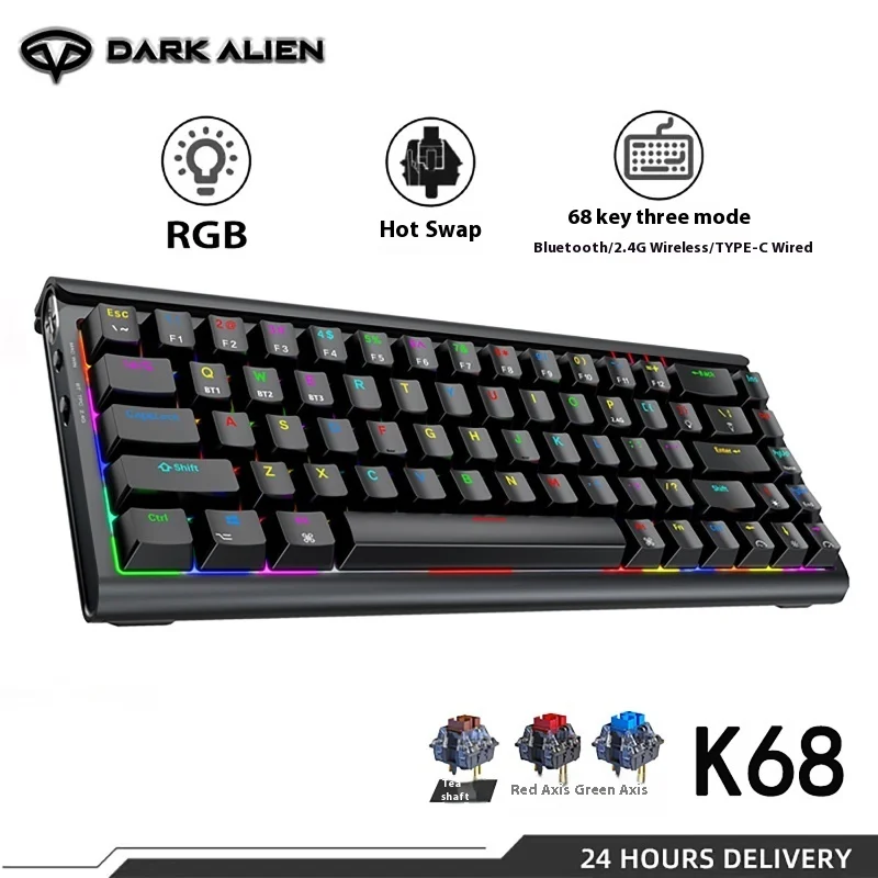 

DARK ALIEN K68 three mode Wired Wireless Bluetooth Mechanical Keyboard Customized Hot swappable RGB pbt keycap