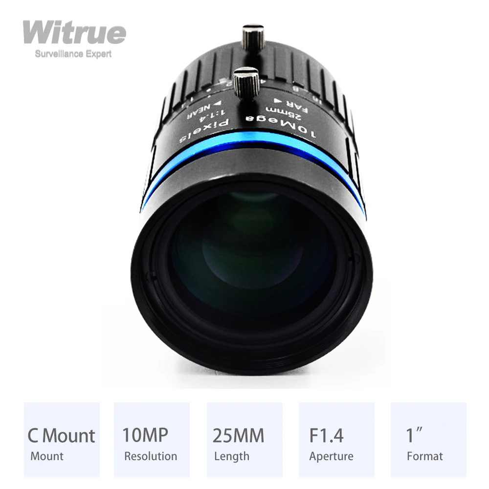 Obiettivo CCTV Witrue HD 10MP 25MM C Mount Apertura F1.4 Formato 1" per telecamere IP di sicurezza di sorveglianza