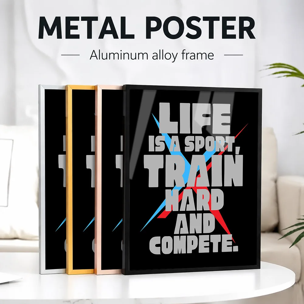 Life Is A Sport Train Hard Framed Metal Print Customized Photo Energetic Graphic Style Wall Art For Gym And Office Player Gift