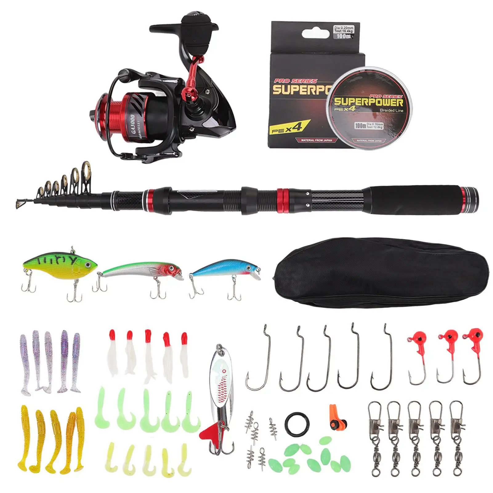 Telescopic Carbon  Fishing Rod Reel Combo - Red & Black, Includes Reel, Line, and Lures Kit