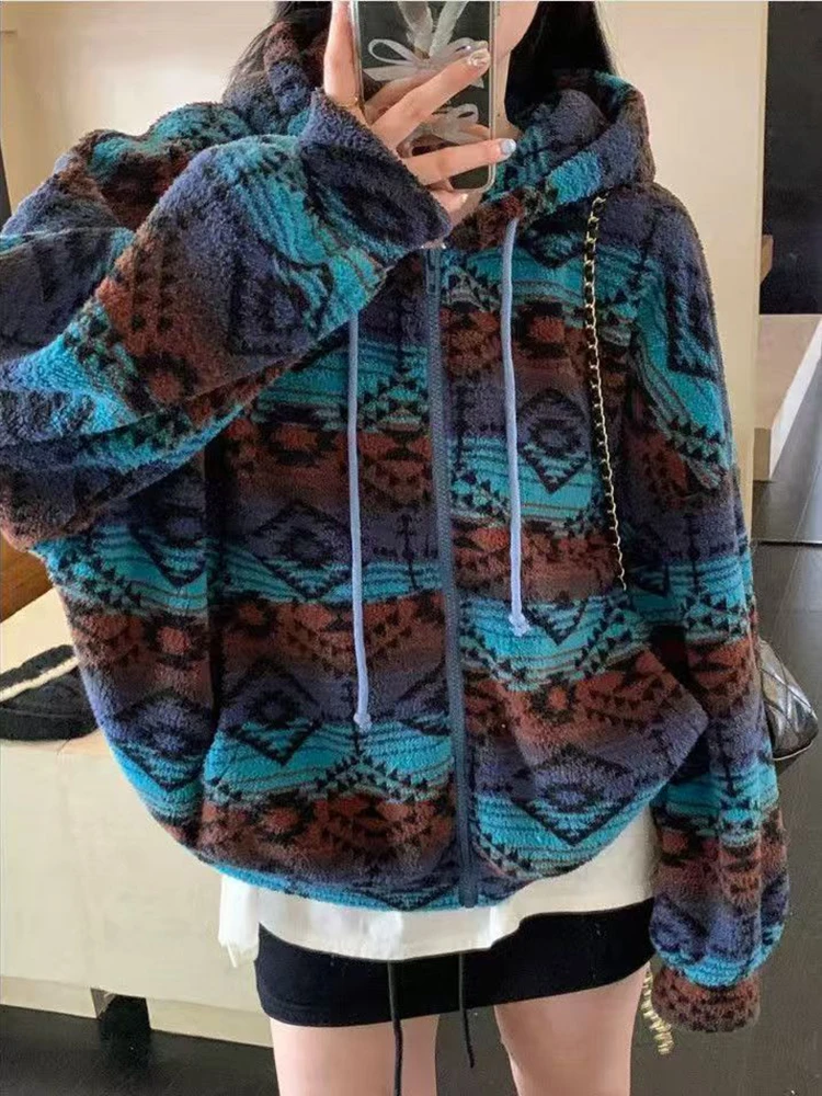 

Y2K Streetwear Zipper Hoodies Women Casual Vintage Harajuku Print Loose Sweatshirts Long Sleeve Lace Up Female Hooded Coats New