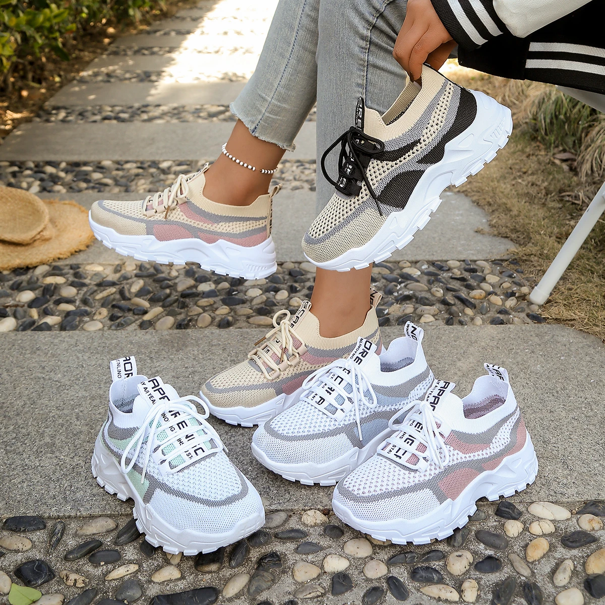 Women Color Block Mesh Chunky Platform Sneakers Lace Up Height Increasing Casual Sport Walking Dad Shoes 4 Colors Available