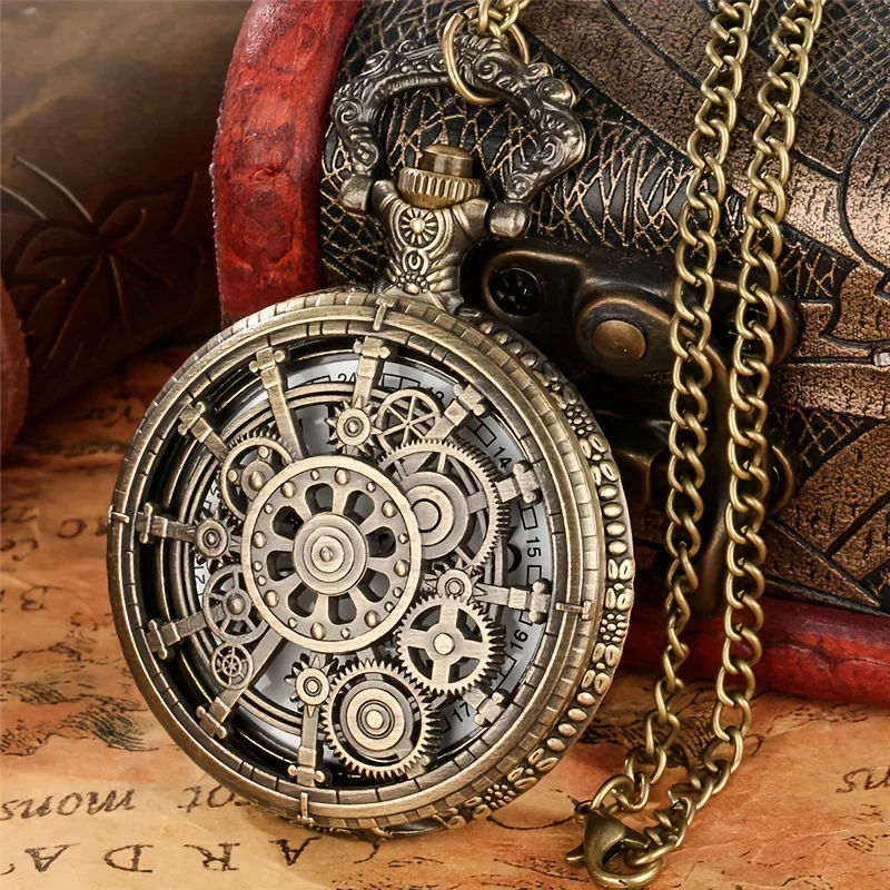 Vintage Hollow Steampunk Gear Design Quartz Pocket Watch with Necklace Pendant, World-Time Feature, Pointer Display Pocket Watch