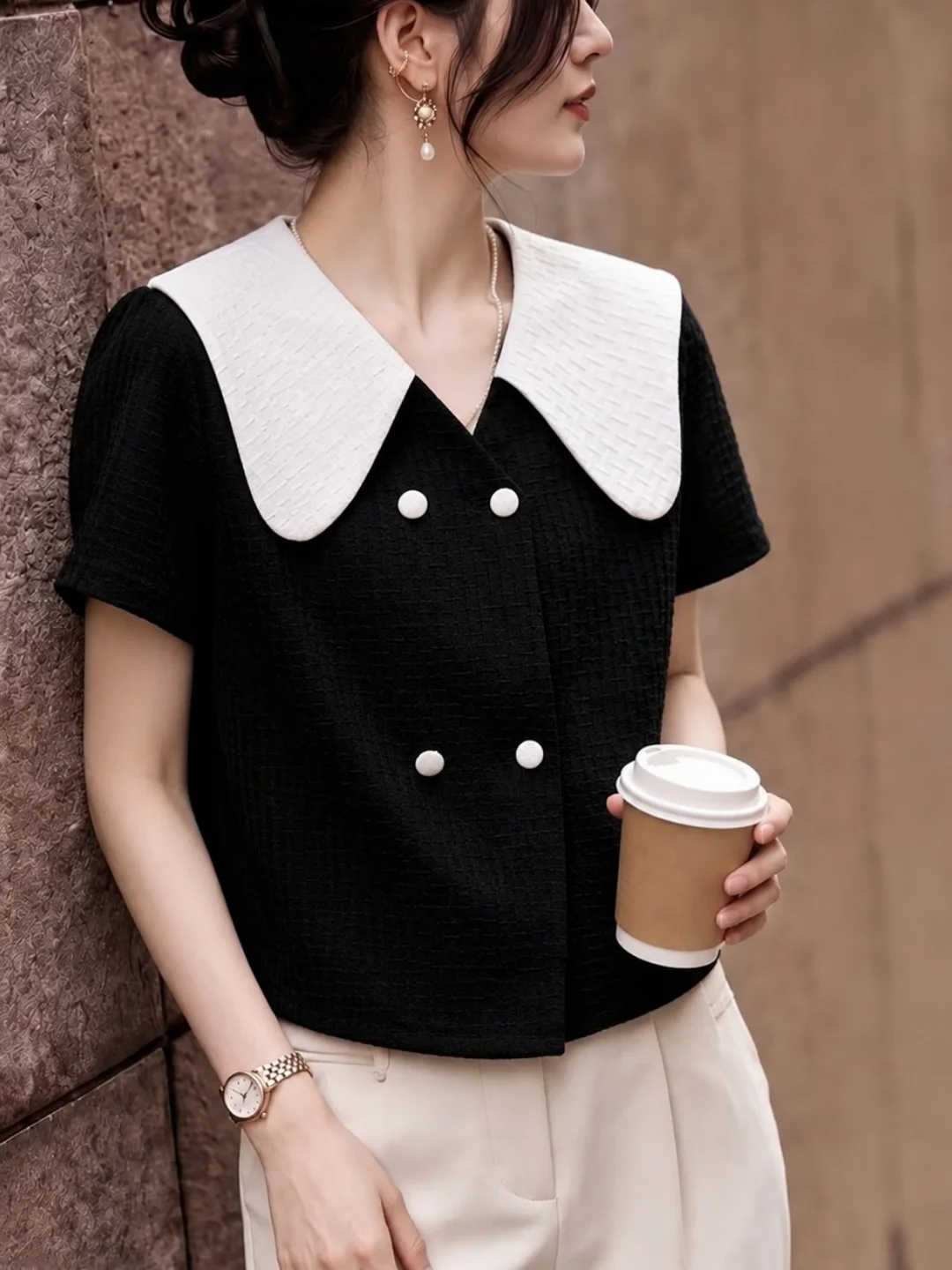 

Korean Style Short Sleeve Doll Collar Shirt Soft Color Block High Quality Summer Fashionable Versatile Women's Premium Feelin...
