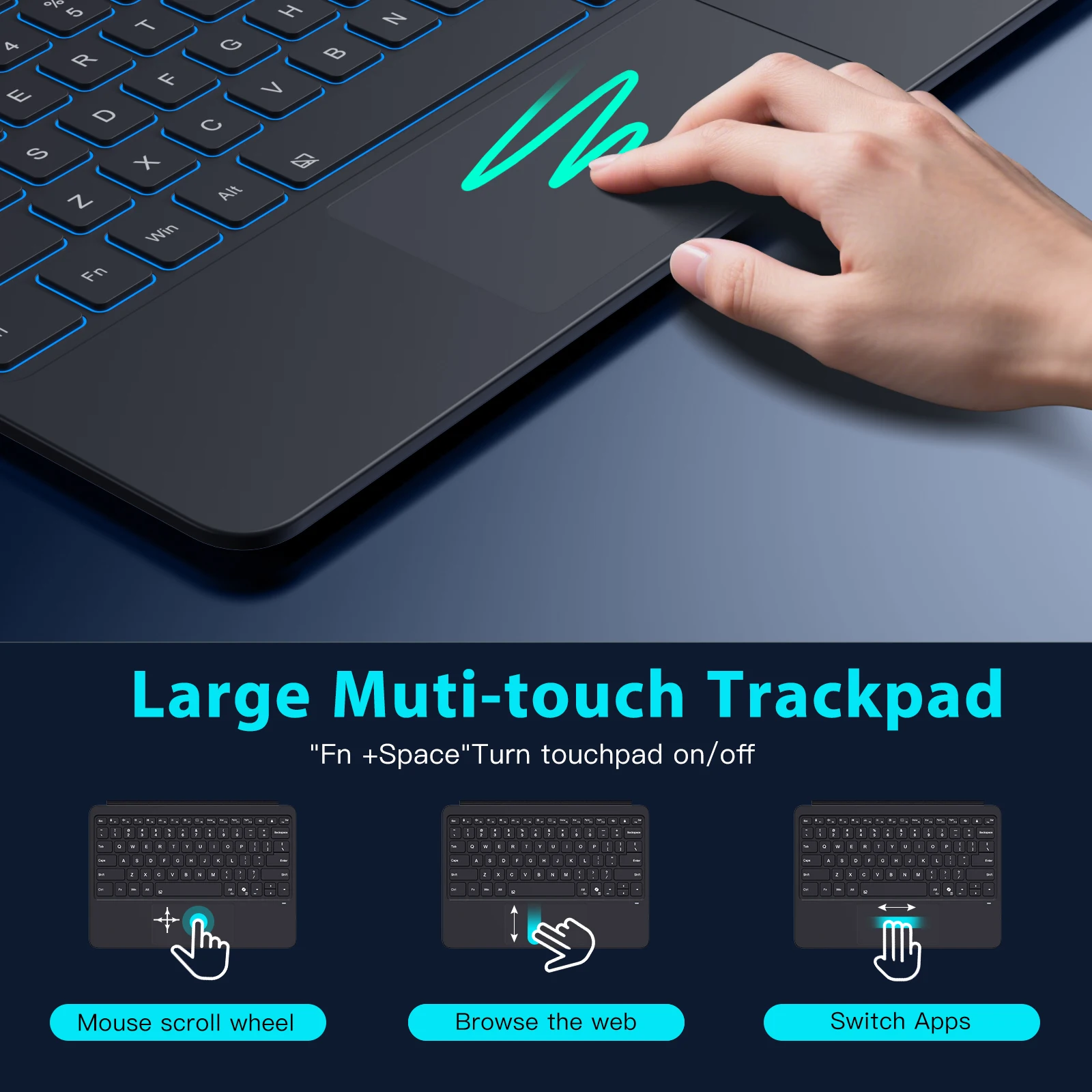 MoKo Touchpad-Tastatur für Microsoft Surface Pro 12 Zoll 2025 Tablet, ultraschlankes kabelloses Bluetooth 7-Farben-Hintergrundbeleuchtung Surface Pro