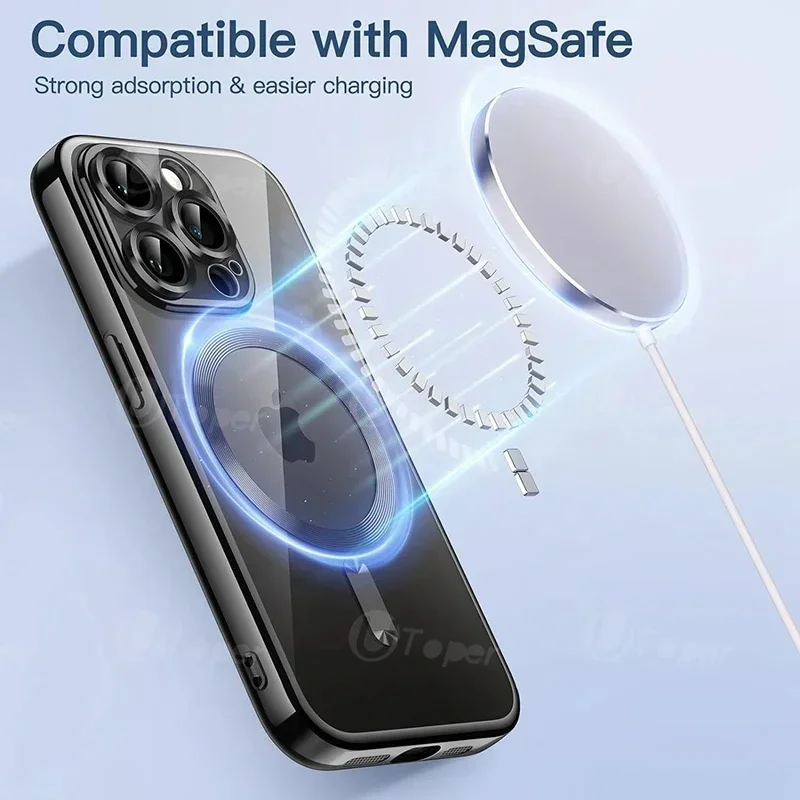 Voor Magsafe Luxe Plating Zachte Tpu Case Voor Iphone 15 14 Pro Max 15 13 12 11 Plus Magnetische Draadloze Opladen Doorzichtige Achterkant