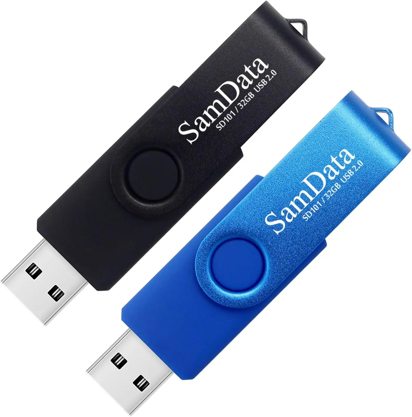 

2 Pack 32GB USB Flash Drives with LED Light, 360° Rotating Metal Clip, Black and Blue Colors for Easy Storage