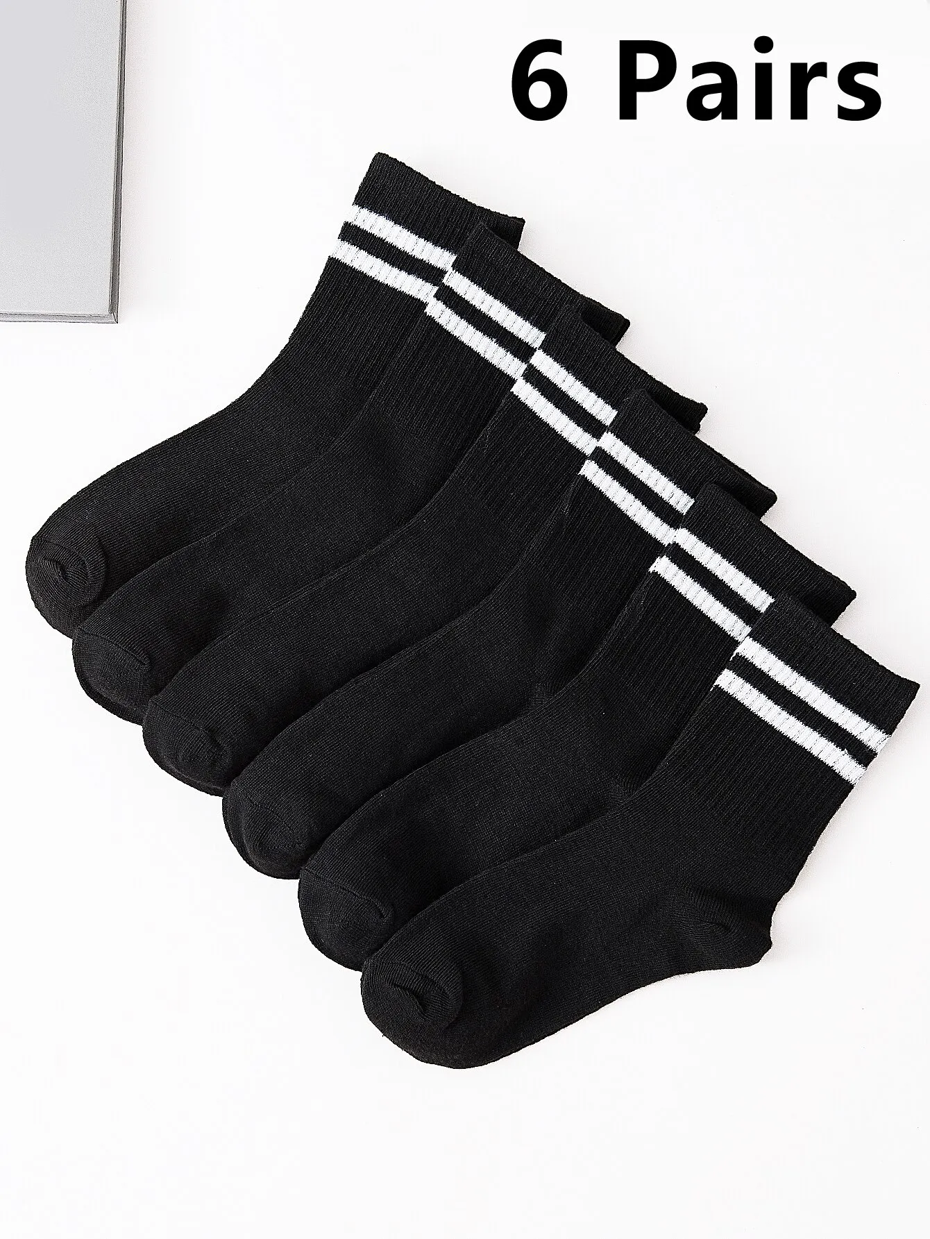 6 pares de medias de tubo alto para hombre en blanco y negro sólido con barras paralelas populares y absorción de sudor