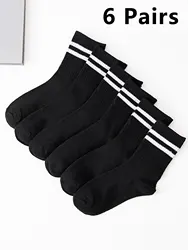 6 Pairs High Tube Mid Length Stockings Set For Men in Solid Black And White With Parallel Bars Popular and Sweat Absorption