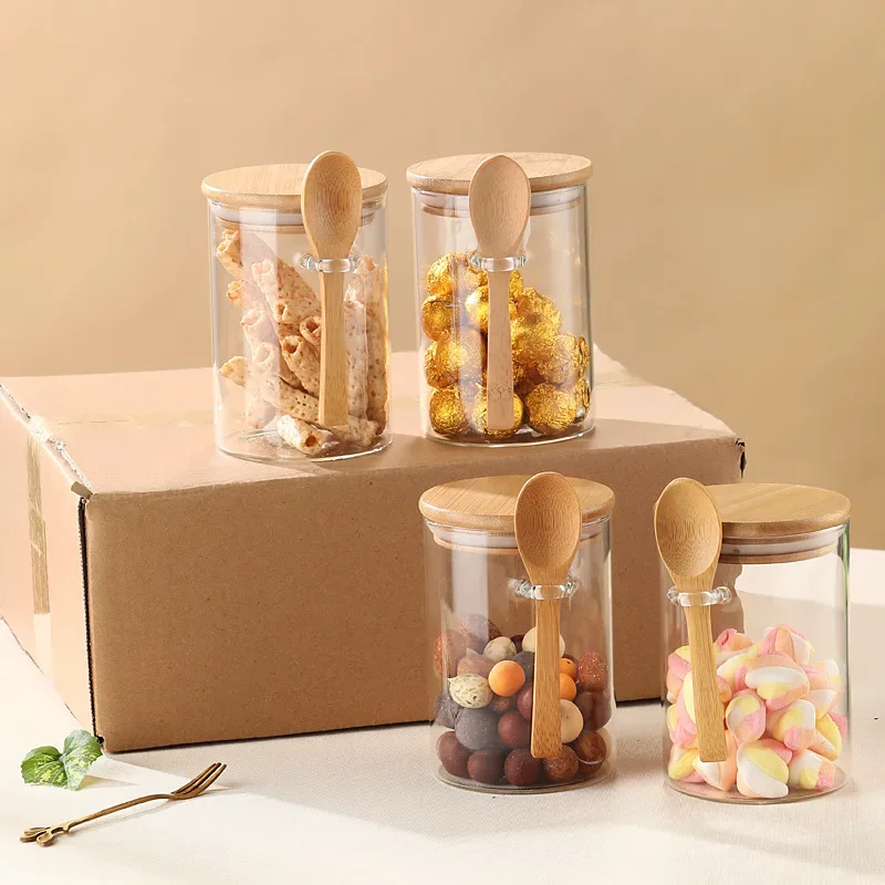 Glass Sealed Jars Seasoning Jars Set with Wooden Spoon and Wooden Lid Seasoning Jars Candy Household Containers Storage Jars