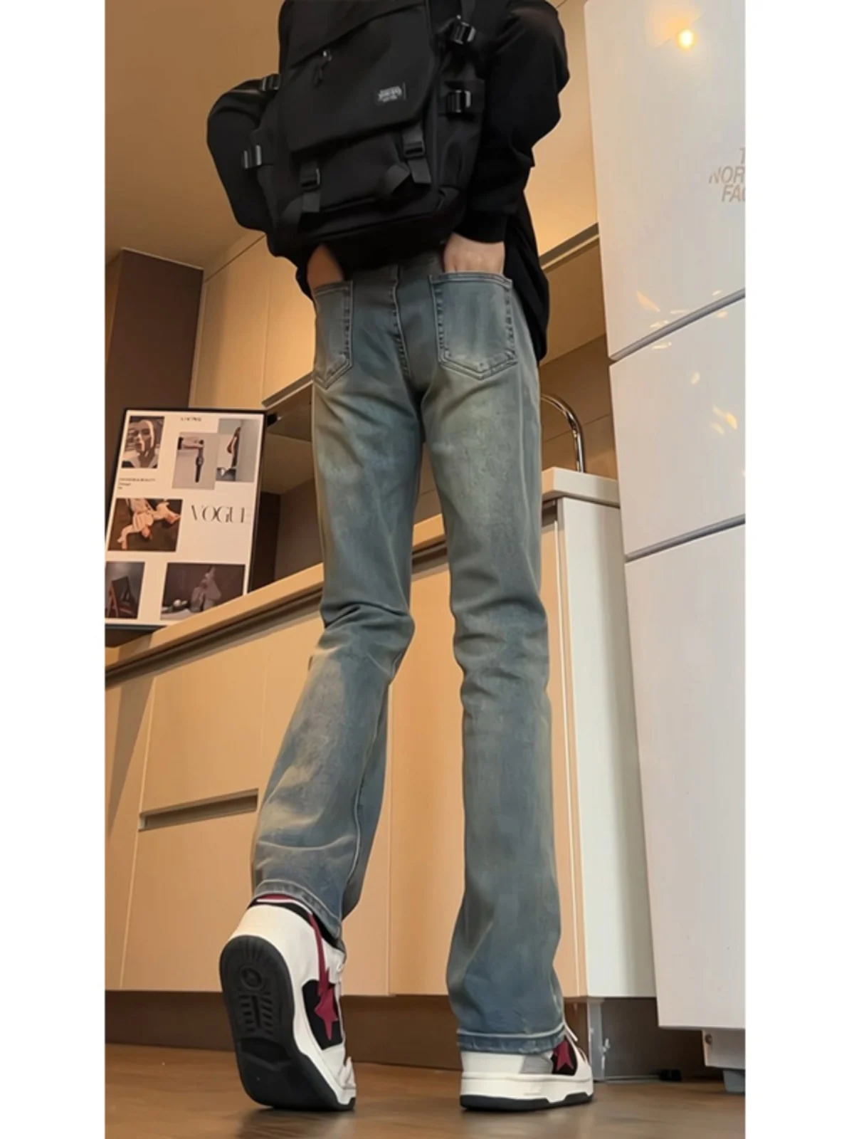 

Retro American Vibe Men's Jeans High Waist Straight Leg Micro Flared Slim Fit Blue Denim Waed out Spring Trend Youthwear