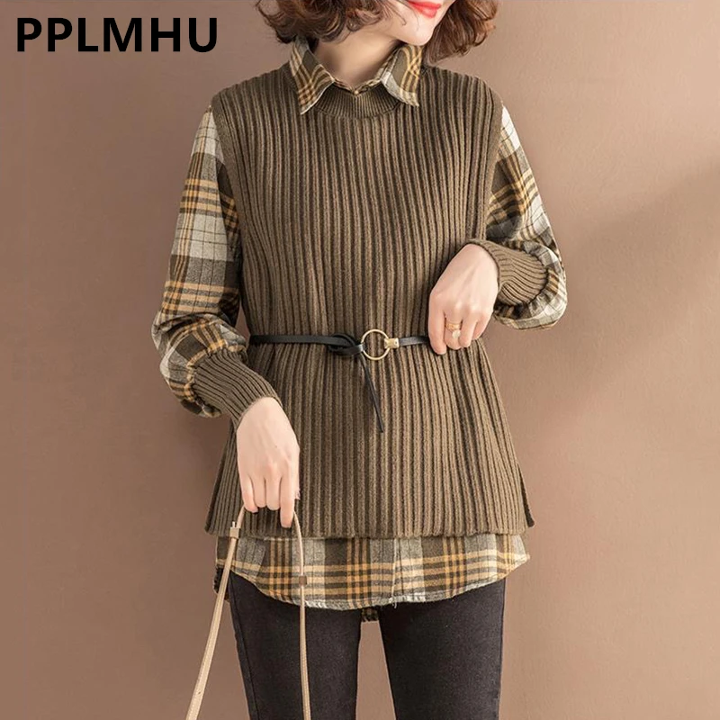 

Casual Plaid Shirts And Knitted Vests 2 Piece Sets Tops Women Fall Long Sleeve Shirts+solid Sweater Waistcoats Suits With Belts