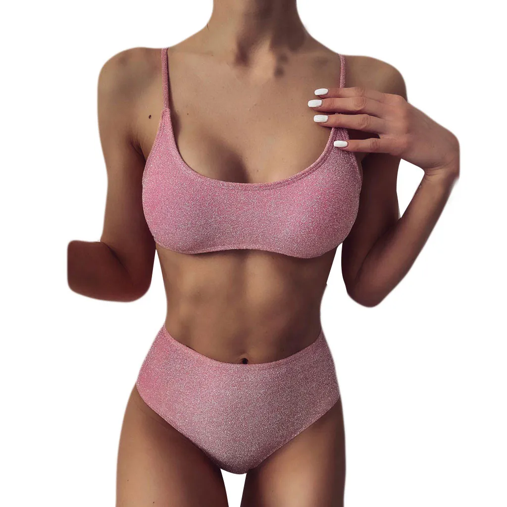 Summer Women's Two Piece Swimsuit Bikini Sexy Three Points Push Up Bra With Bra Pads Swimwear Set Fashion Solid Colour Bikini