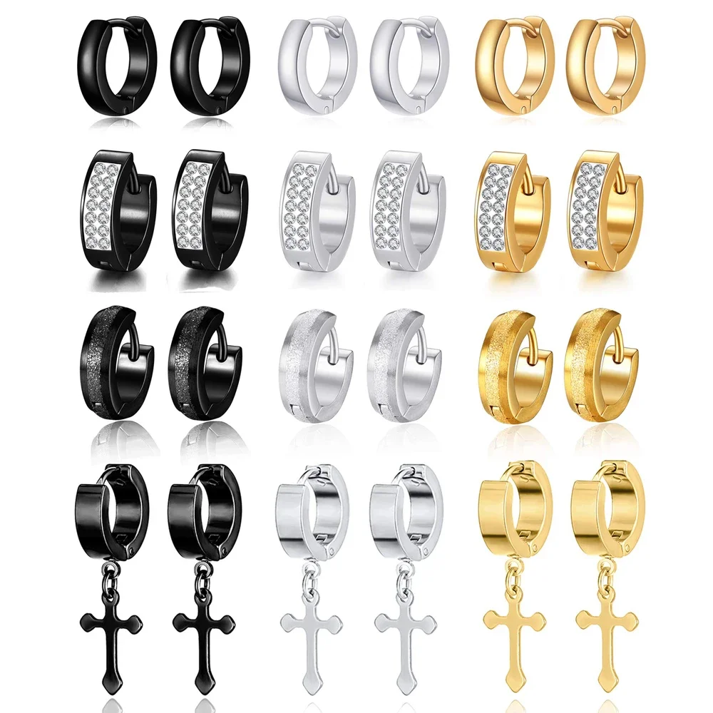 12 Pairs Stainless Steel Small Cross Dangle Hinged Huggie Hoop Earrings CZ Inlaid Earrings Stud Earrings Set for Mens Women