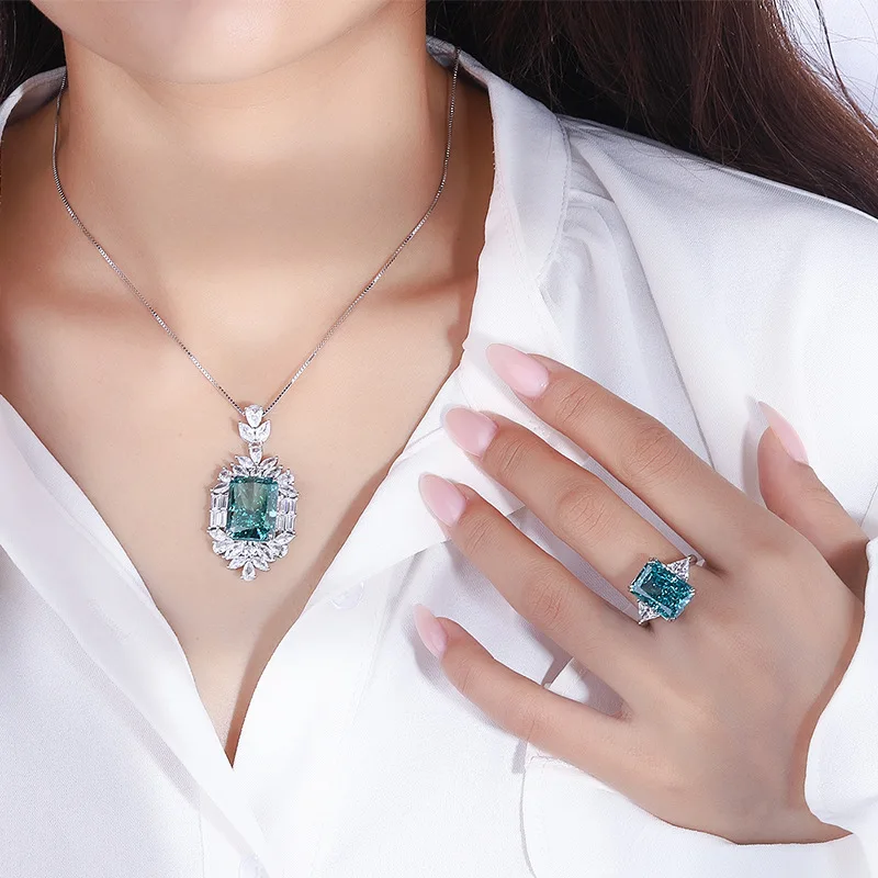 New fashion trend S925 silver inlaid 5A zircon ladies personality mint green pendant ring two-piece suit