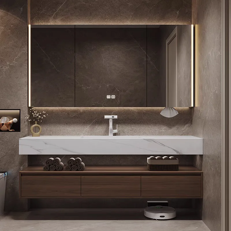 

Walnut bathroom cabinet combination, rock slab hot bending integrated basin washbasin, oak wash basin